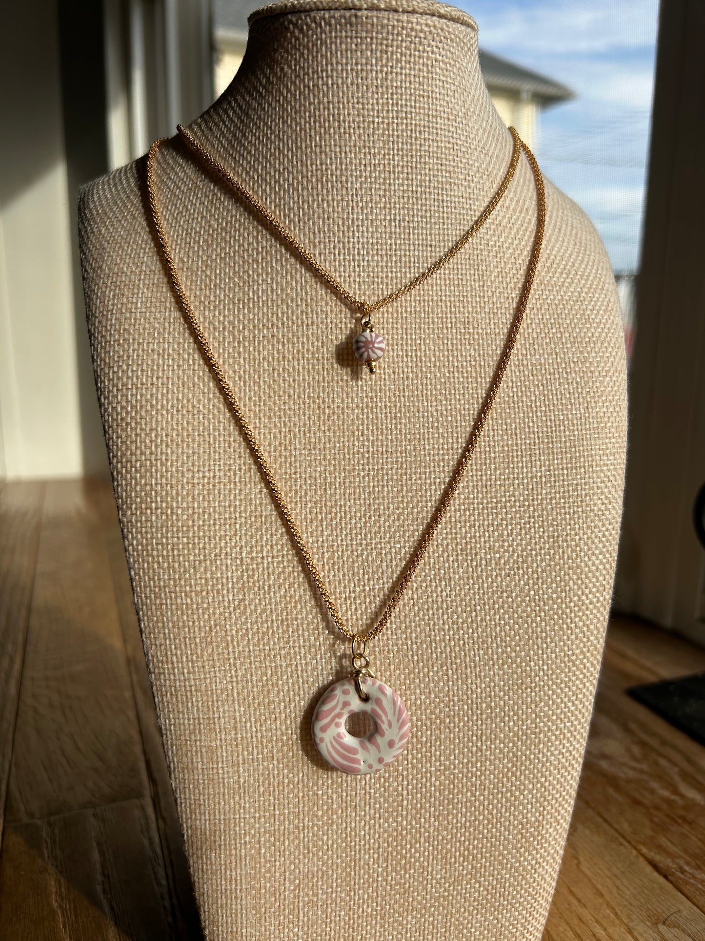 Layered Gold Necklace with Pink Talavera