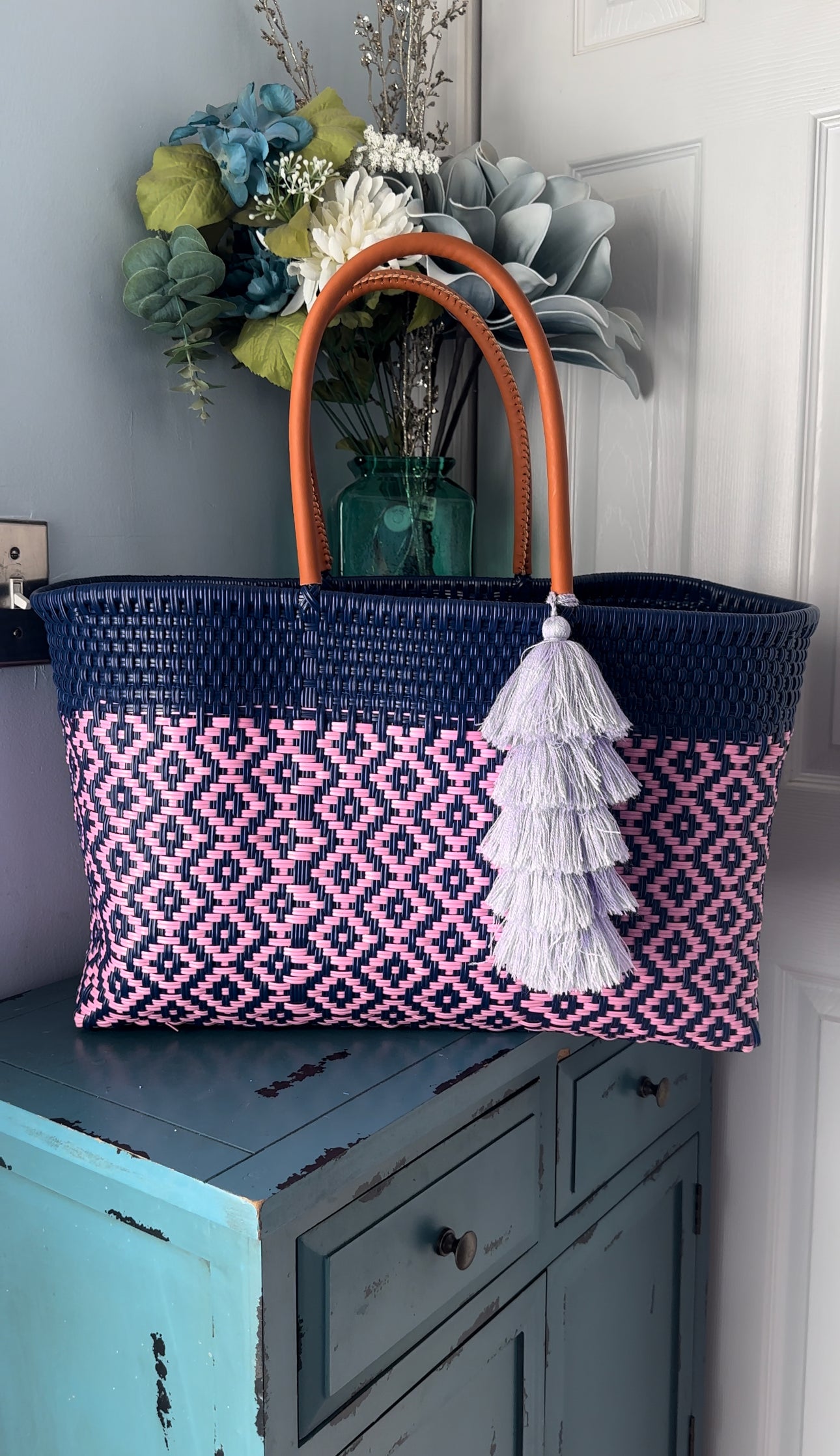 Navy Blue & Pink Open Jumbo Tote Handwoven Bag