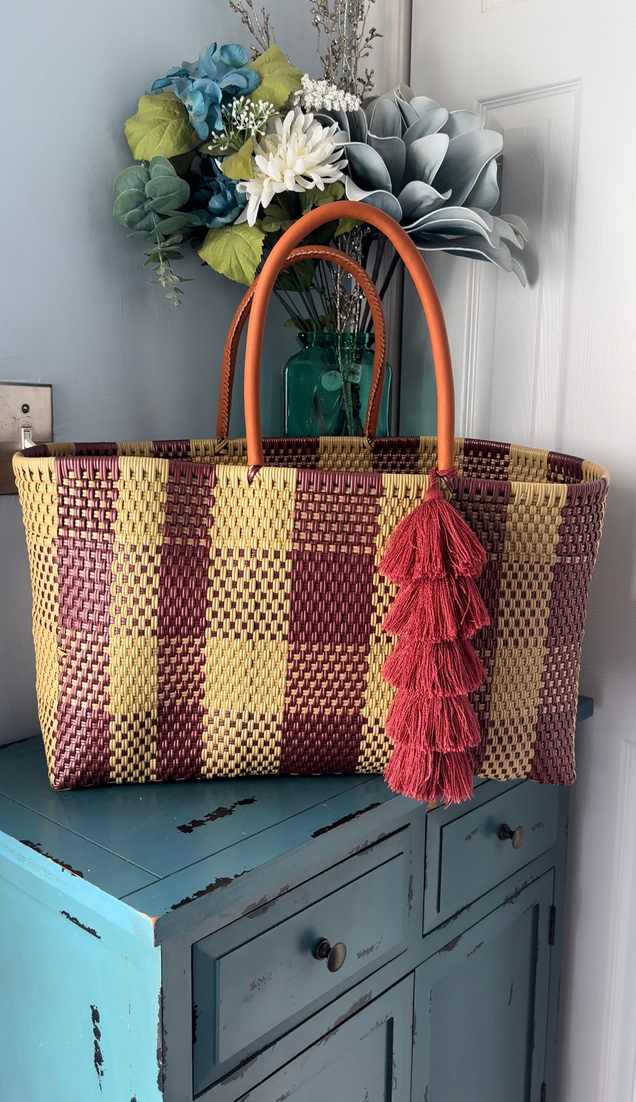 Sand & Maroon Open Jumbo Tote Handwoven Bag