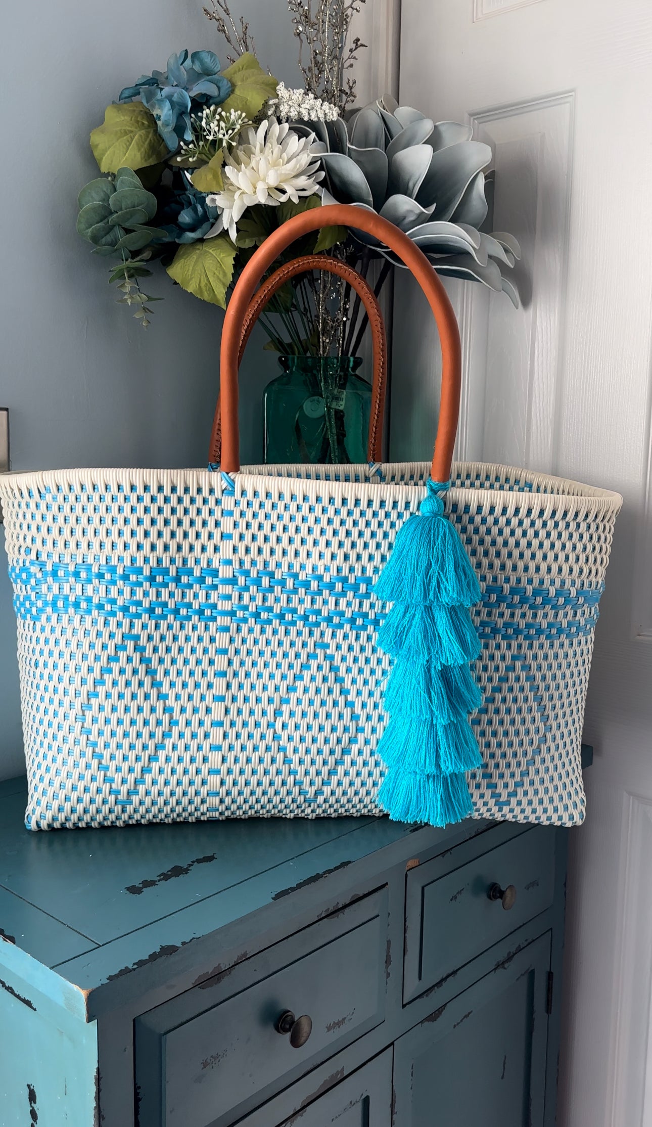 Light Blue & Beige Open Jumbo Tote Handwoven Bag